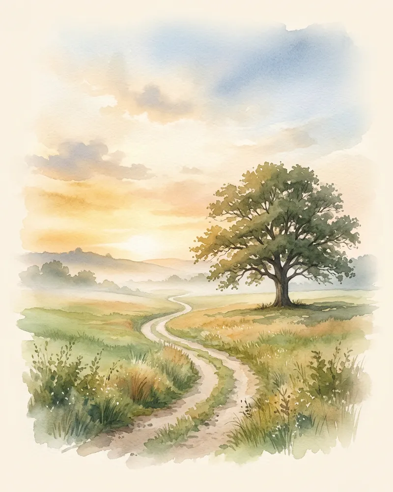 Aquarela: caminho de terra no campo ao amanhecer, com uma árvore grande ao lado