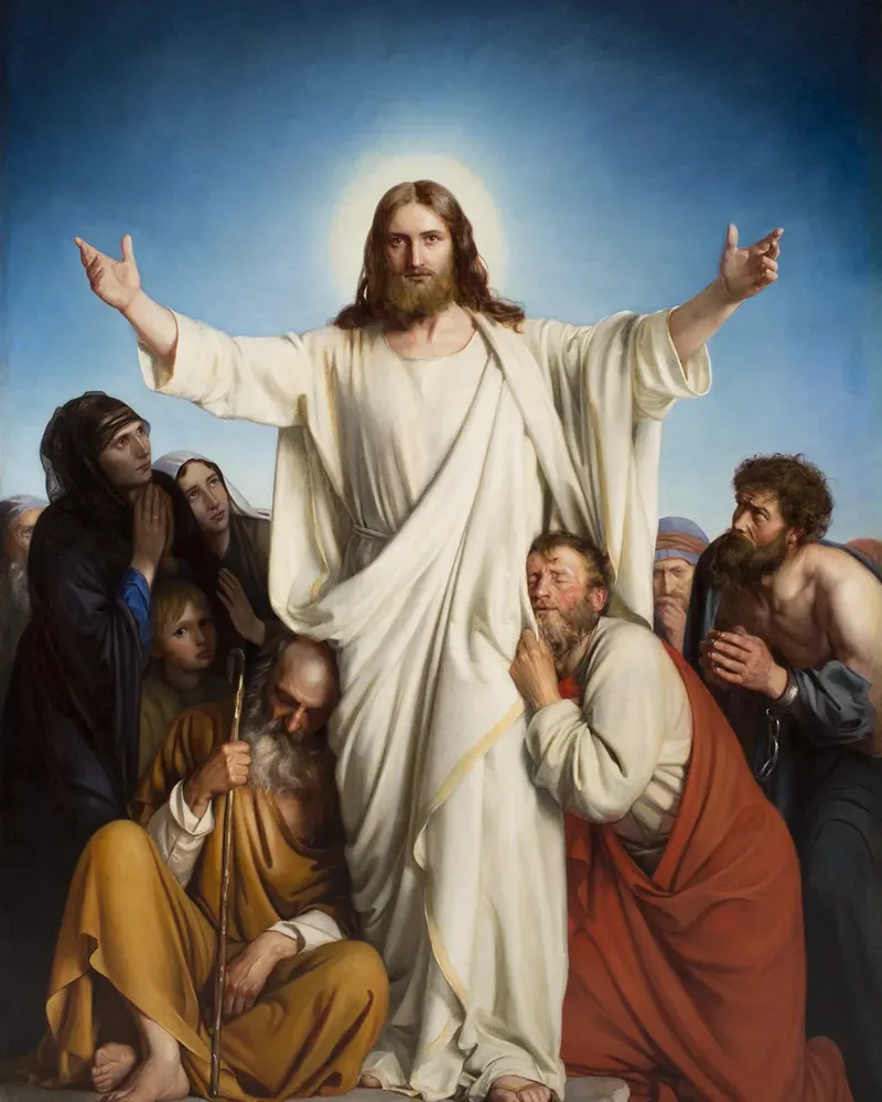 Pintura Cristo Consolador, de Carl Bloch: Jesus de braços abertos acolhe pessoas aflitas